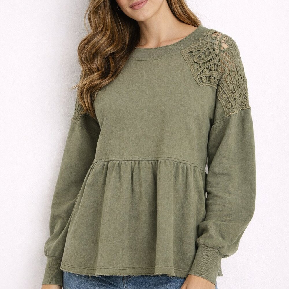 *NWT*‎ Altar’d State Green Lace Shoulder Top Boho Peplum Sweatshirt Sz. Small